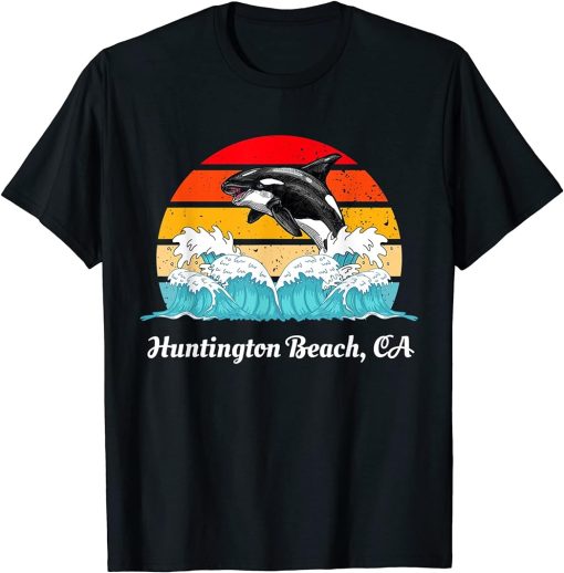 Vintage Huntington Beach CA Distressed Orca Killer Whale Art T-Shirt