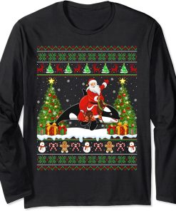 Orca Fish Lover Funny Ugly Santa Riding Orca Christmas Long Sleeve T-Shirt