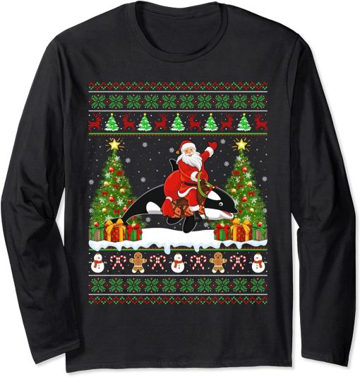 Orca Fish Lover Funny Ugly Santa Riding Orca Christmas Long Sleeve T-Shirt