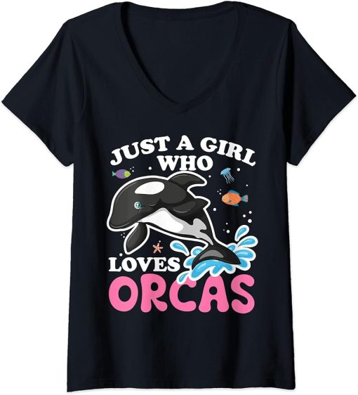 Womens Funny Orca Lover Graphic for Women Girls Kids Whale V-Neck T-Shirt